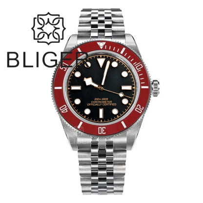 BLIGER 39mm Classic Wine Red Diver Watch For Men NH35 Mechanical Domed Sapphire Glass100m Waterproof Super Luminous Reloj Hombre