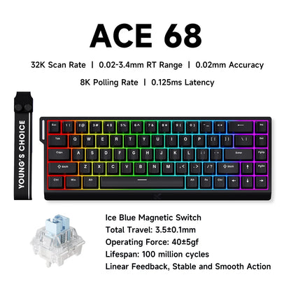 Teclado Gaming MCHOSE ACE 68 com Switches Magnéticos Hall Effect, Rapid Trigger, RGB Programável, 8K Hz, DKS/MT/TGL/RS/SOCD