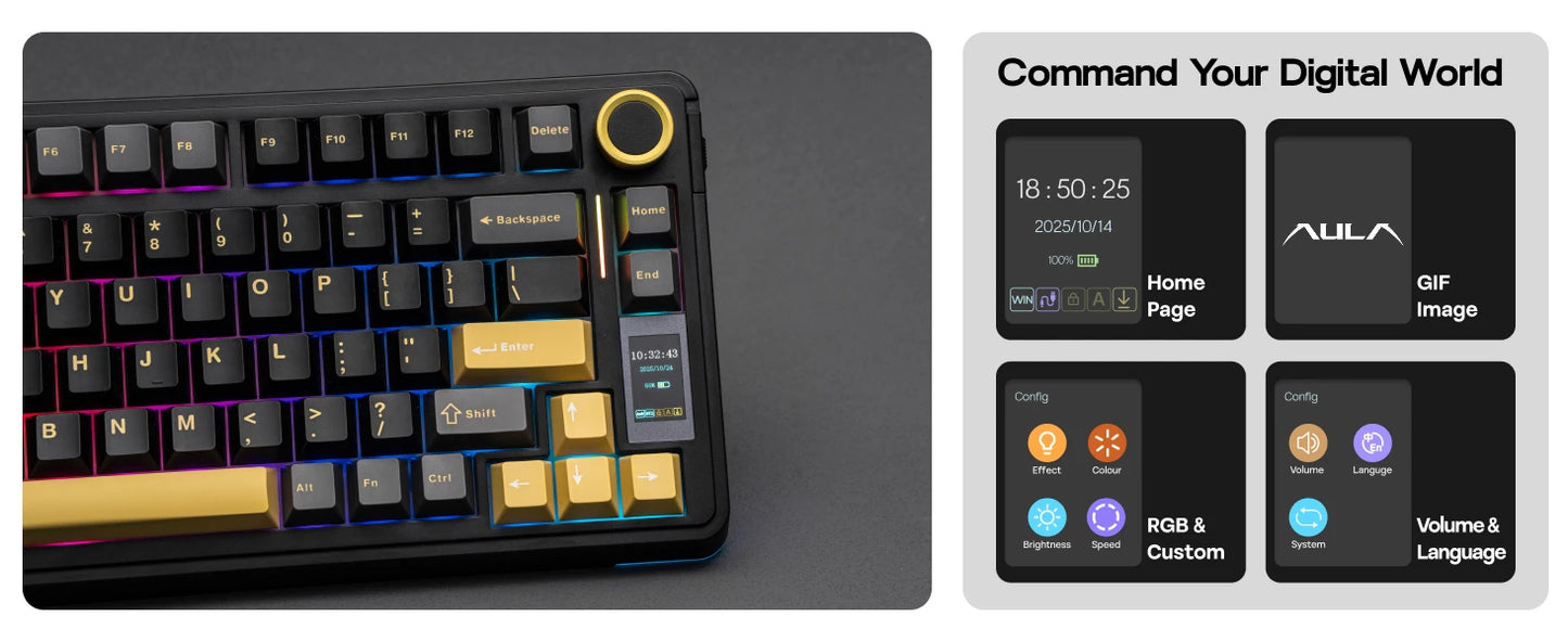 Teclado Mecânico Sem Fios EPOMAKER X AULA EA75 MAX 75% Layout ANSI US Hot-Swap Gasket com Fios/BT/2.4GHz com Ecrã e Botão Rotativo
