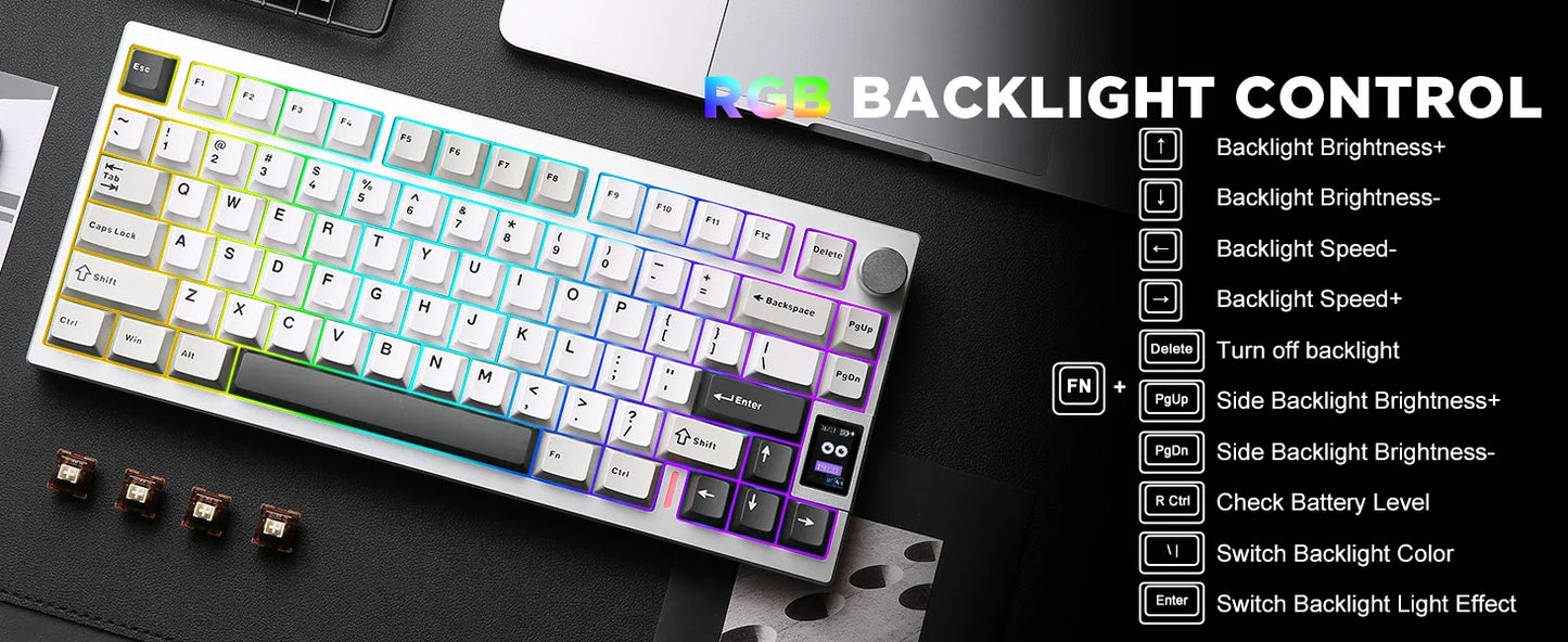 YUNZII AL80 Silver Wireless Mechanical Keyboard, Full Aluminum CNC Custom QMK/VIA Gaming Keyboard, LCD Display Hot Swap Keyboard