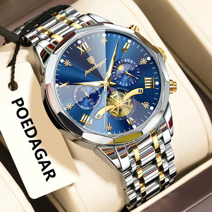 Originální luxusní pánské hodinky POEDAGAR, vodotěsné, s luminiscenčním chronografem, náramkové hodinky z nerezové oceli s quartzovým strojkem, špičkové pánské hodinky
