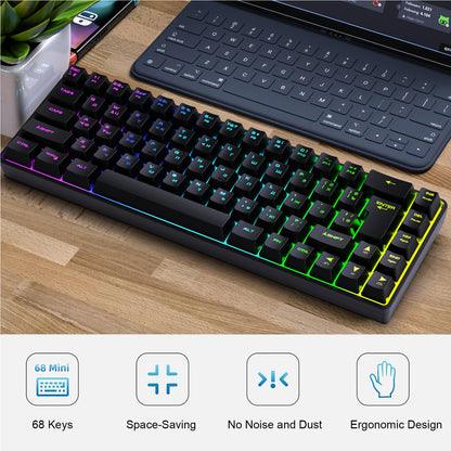 Teclado Mecânico Gaming Russo-Inglês de 68 Teclas, Teclado Bilingue com Retroiluminação RGB para Gaming