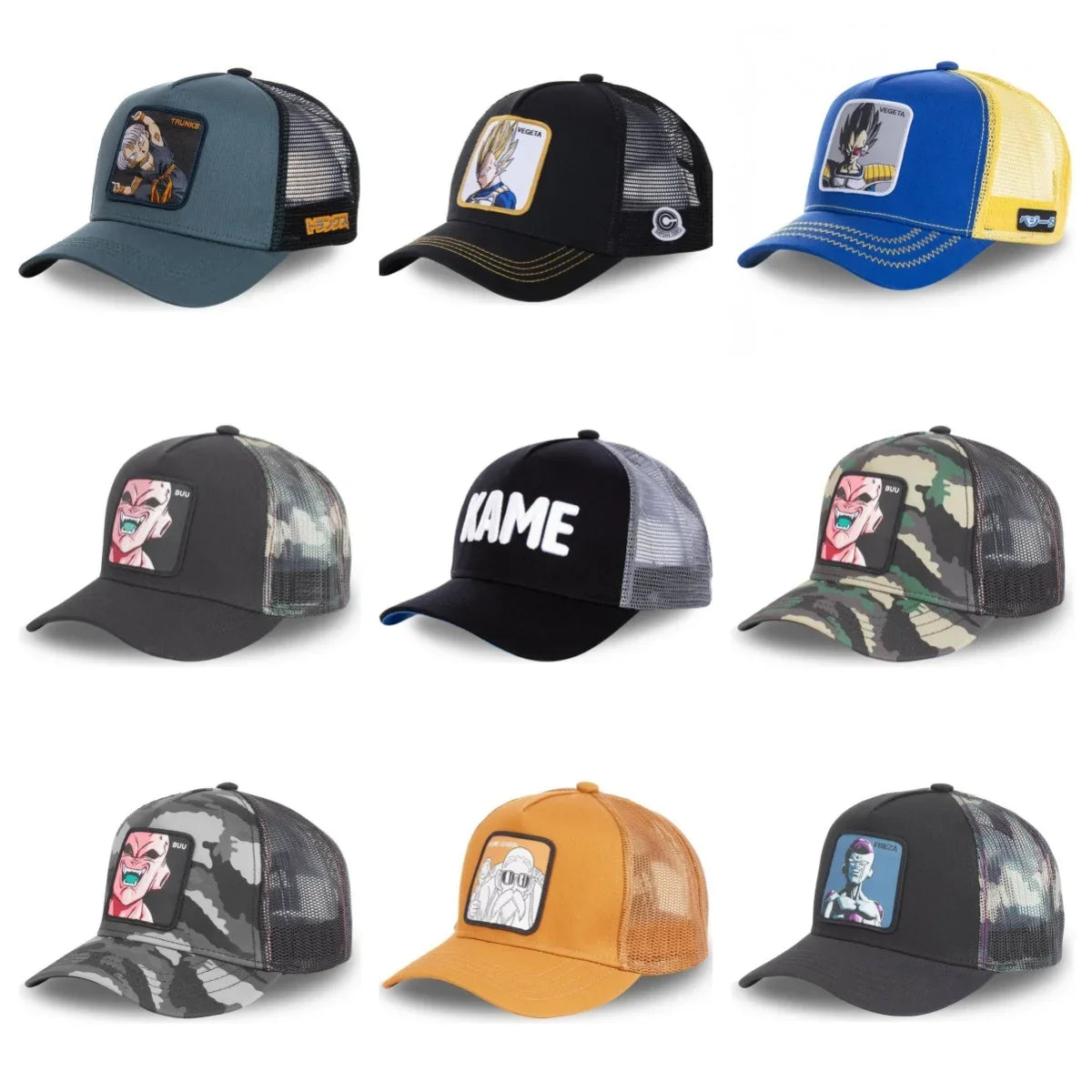 Dragon Ball Buu Goku sapka Nyári utazós csúcsos sapka Férfi hímzett hip-hop stílusú napellenzős állítható trucker hálós sapka