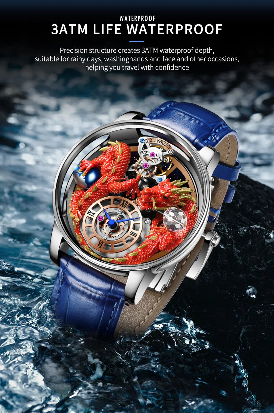 PINDU Fashion Roman Numeral Display Mineral Tempered Glass Material Quartz Movement 3ATM Waterproof Celestial Dragon Men's Watch