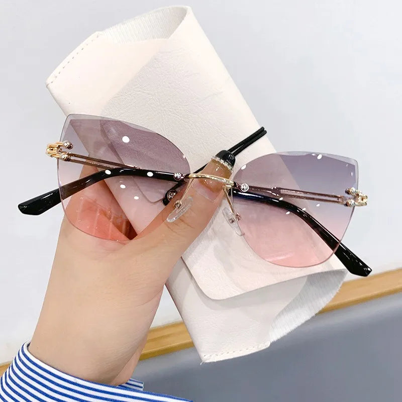 KLASSNUM Vintage Rimless Sunglasses Women Men Cat Eye Gradient Lens Sun Glasses UV400 Shades Protection Goggles for Party Xmas