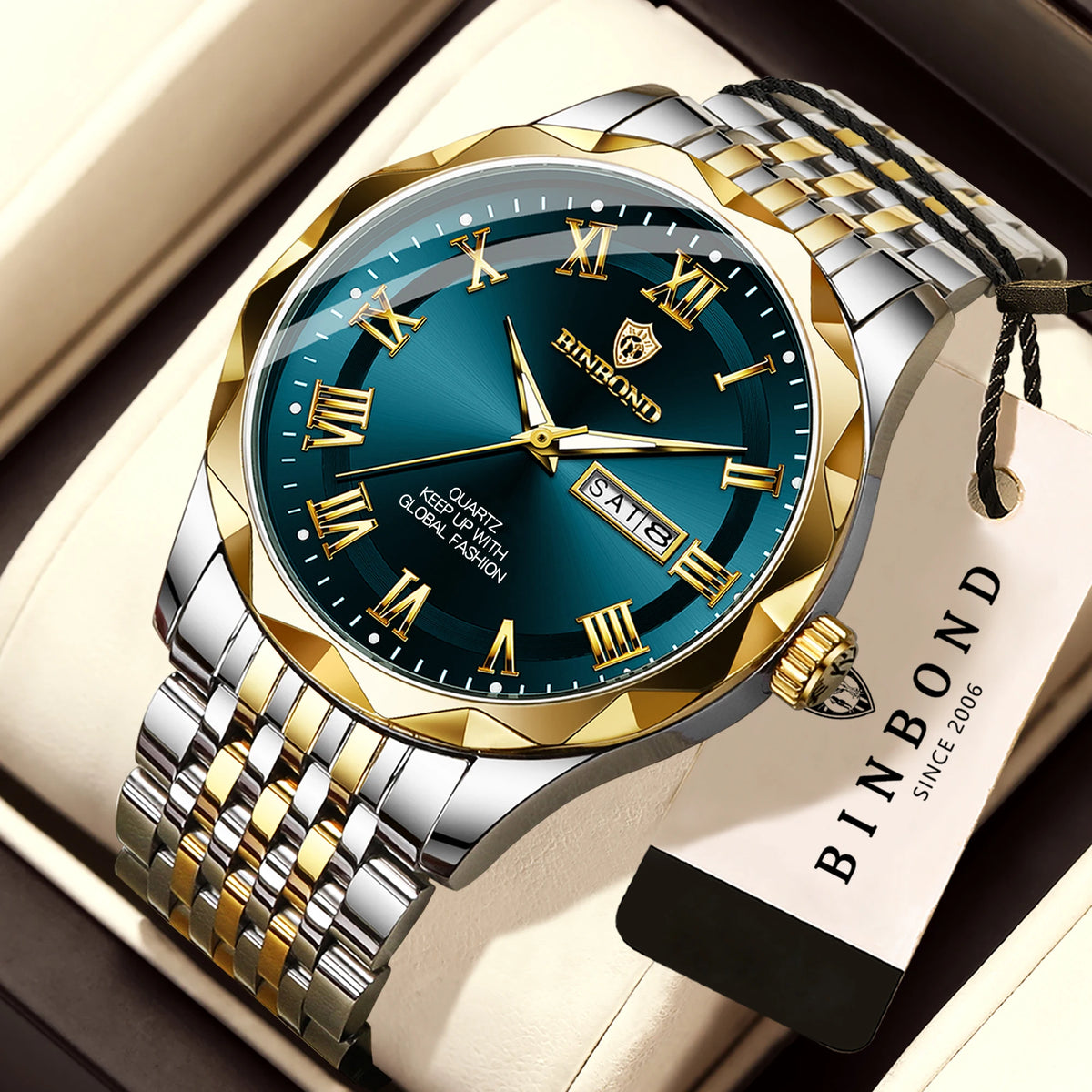 Reloj de pulsera de lujo de cuarzo BINBOND Original Brand para hombre, luminiscente, resistente al agua, con fecha automática, indicación del día de la semana y estilo informal.