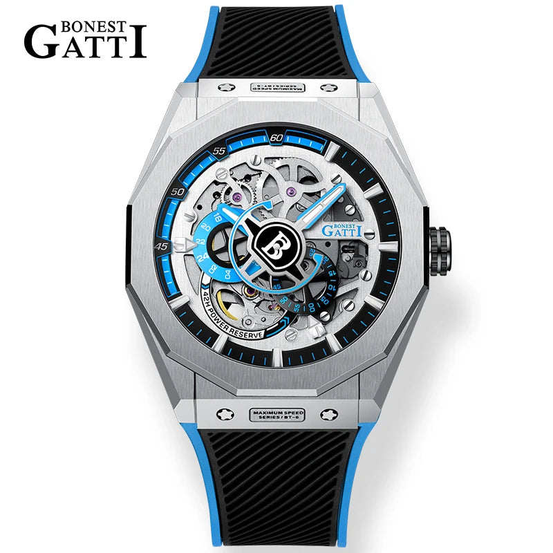 BONEST GATTI BG7601 Men's Automatic Mechanical Watch Sapphire Crystal Waterproof Luminous Rubber Strap Wristwatch