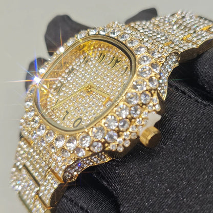 Luxury Brand Men Quartz Watch Fashion Square Hip Hop Diamond Out Sparkling Jewelry Waterproof Stainless Steel Wristwatch Man New
