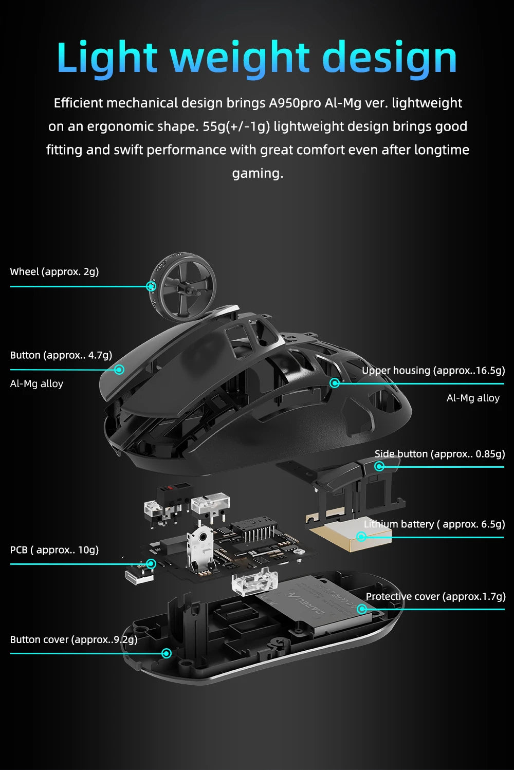 DAREU Al-mg Tri-mode 8Khz PBT trådløs gamingmus med hurtigopladning, PAW3950, 30000 DPI, letvægtsdesign til PC-gamere