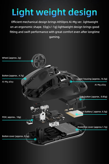 DAREU Al-mg Tri-mode 8Khz PBT trådløs gamingmus med hurtigopladning, PAW3950, 30000 DPI, letvægtsdesign til PC-gamere