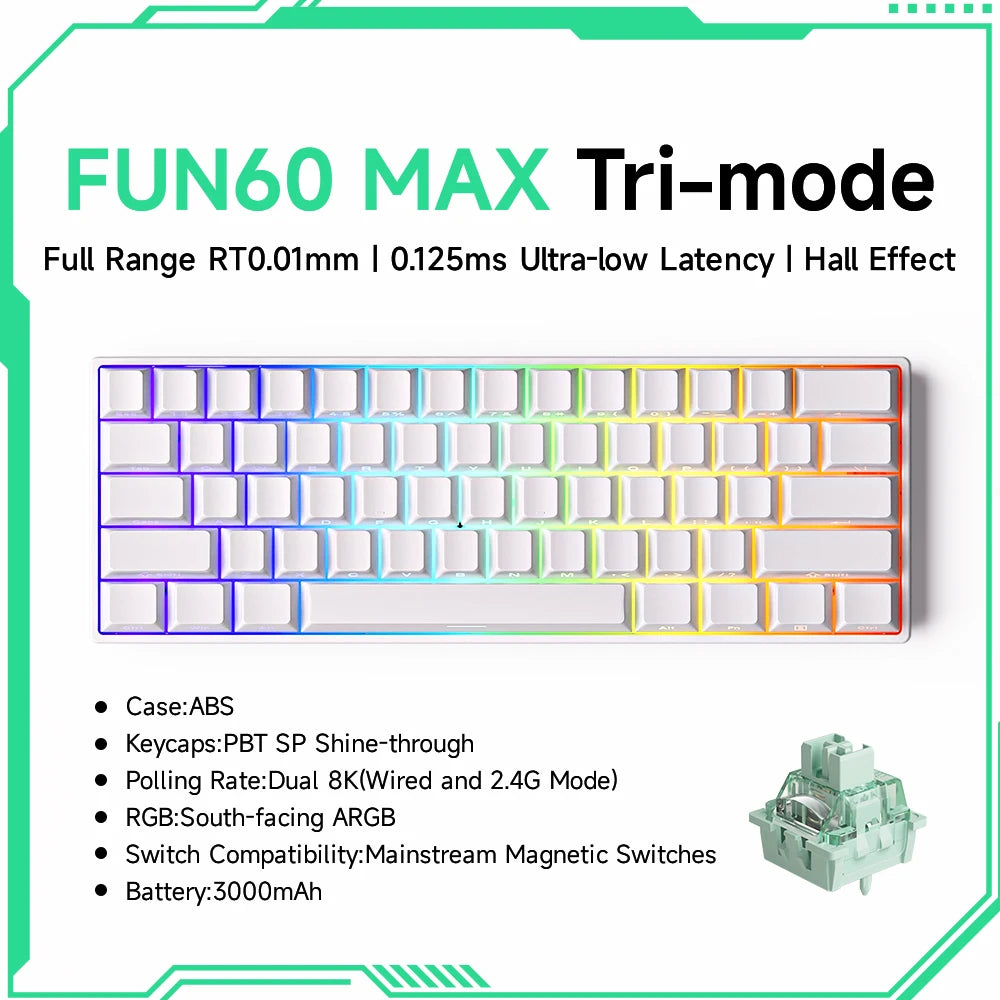 MONSGEEK FUN60 PRO&MAX HE Teclado mecânico 60% sem fios para gaming com switches magnéticos, Rapid Trigger 8K, ARGB e personalização