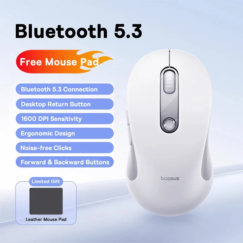 Baseus Wireless Mouse Bluetooth 5.3 Ergonomic Silent Mouse, 2.4GHz Rechargeable Office Mouse with 7 Buttons, Adjustable DPI for Laptop, MacBook, PC & Tablet