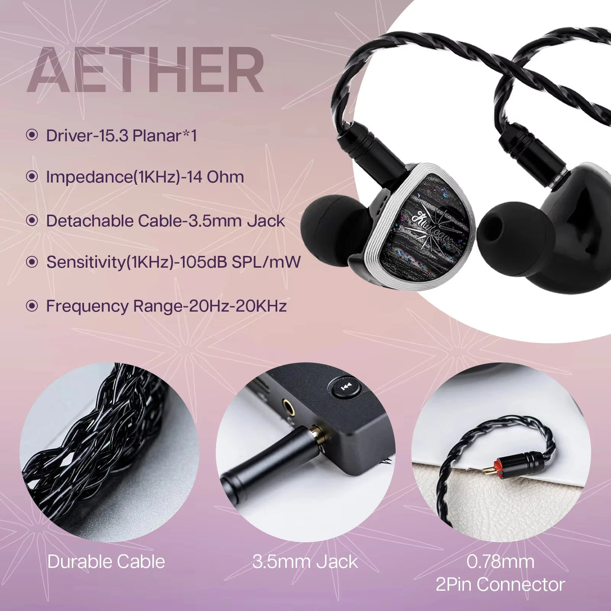 Kiwi Ears Aether HiFi Earphones 15.3mm Planar Driver IEM with Detachable Cable, High-Resolution Wired Earphones for Gaming & Music