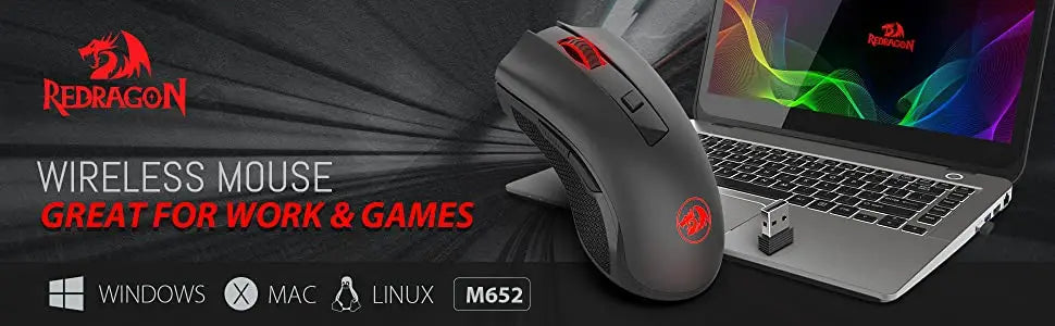 Mouse wireless ottico Redragon M652 2.4G con ricevitore USB, mouse portatile per gaming e ufficio, 5 livelli DPI regolabili