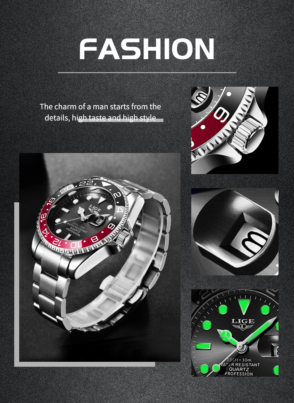 LIGE Fashion Business Watch Men 3ATM Waterproof Luminous Wristwatch Men Clock Top Brand Luxury Sports Quartz Diving Chronograph