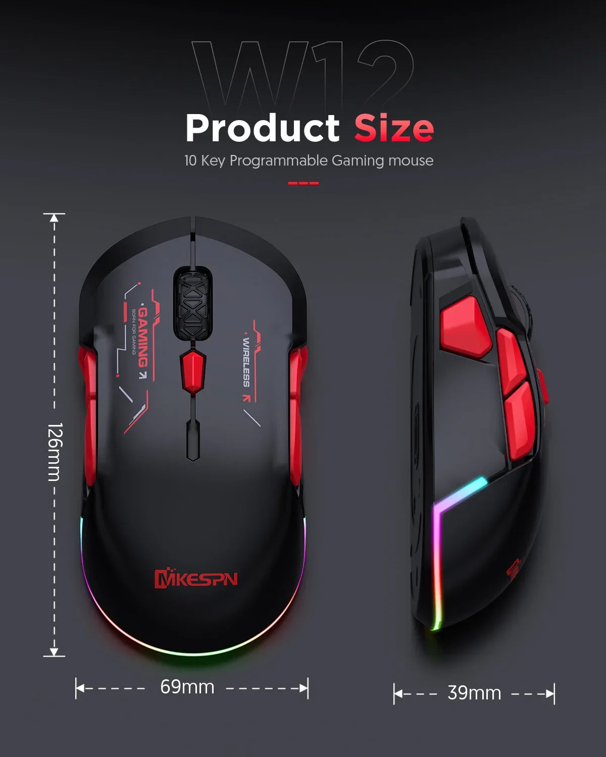 Mouse gaming macro MKESPN W12 a 10 pulsanti, ambidestro, wireless Bluetooth multi-canale tri-mode, grande RGB ergonomico