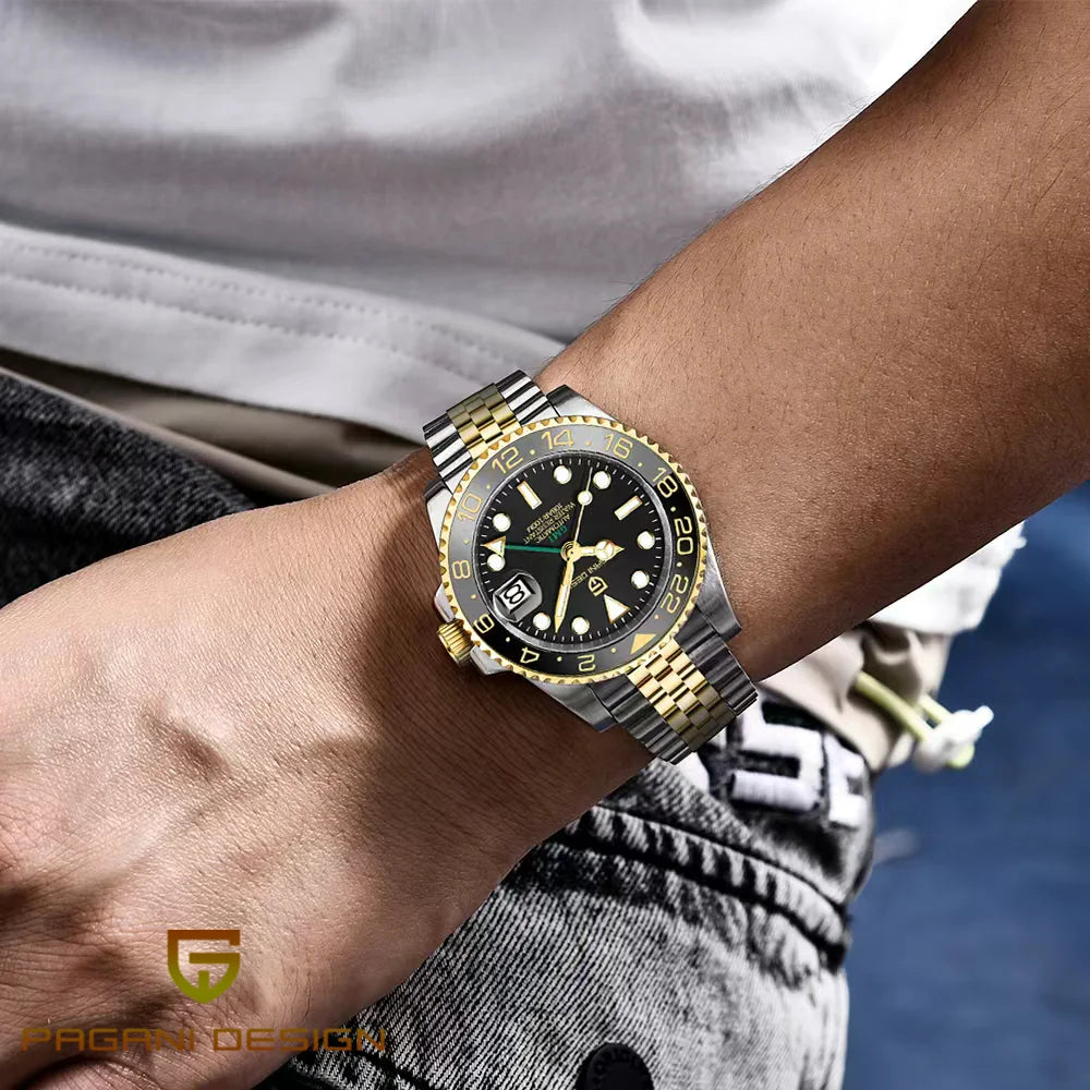 Mehanska moška ura Pagani Design GMT – Luksuzni model s safirnim steklom, ohišjem iz nerjavečega jekla in keramičnim okvirjem – Avtomatska moška ura, poslovni stil