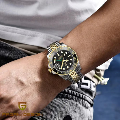Mehanska moška ura Pagani Design GMT – Luksuzni model s safirnim steklom, ohišjem iz nerjavečega jekla in keramičnim okvirjem – Avtomatska moška ura, poslovni stil