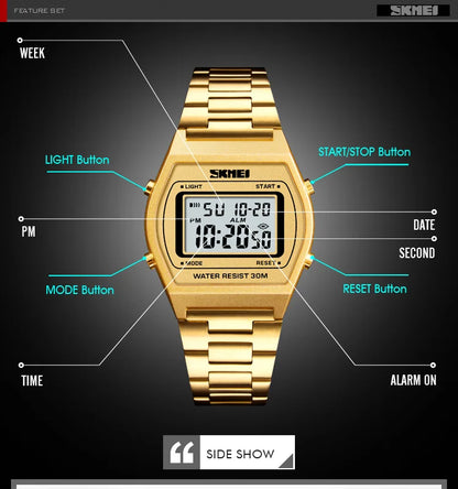 Skmei Unisex Digital Sport's Watches Stainless Steel Strap Led Waterproof 12/24 Hour Format Electronic Alarm Clock