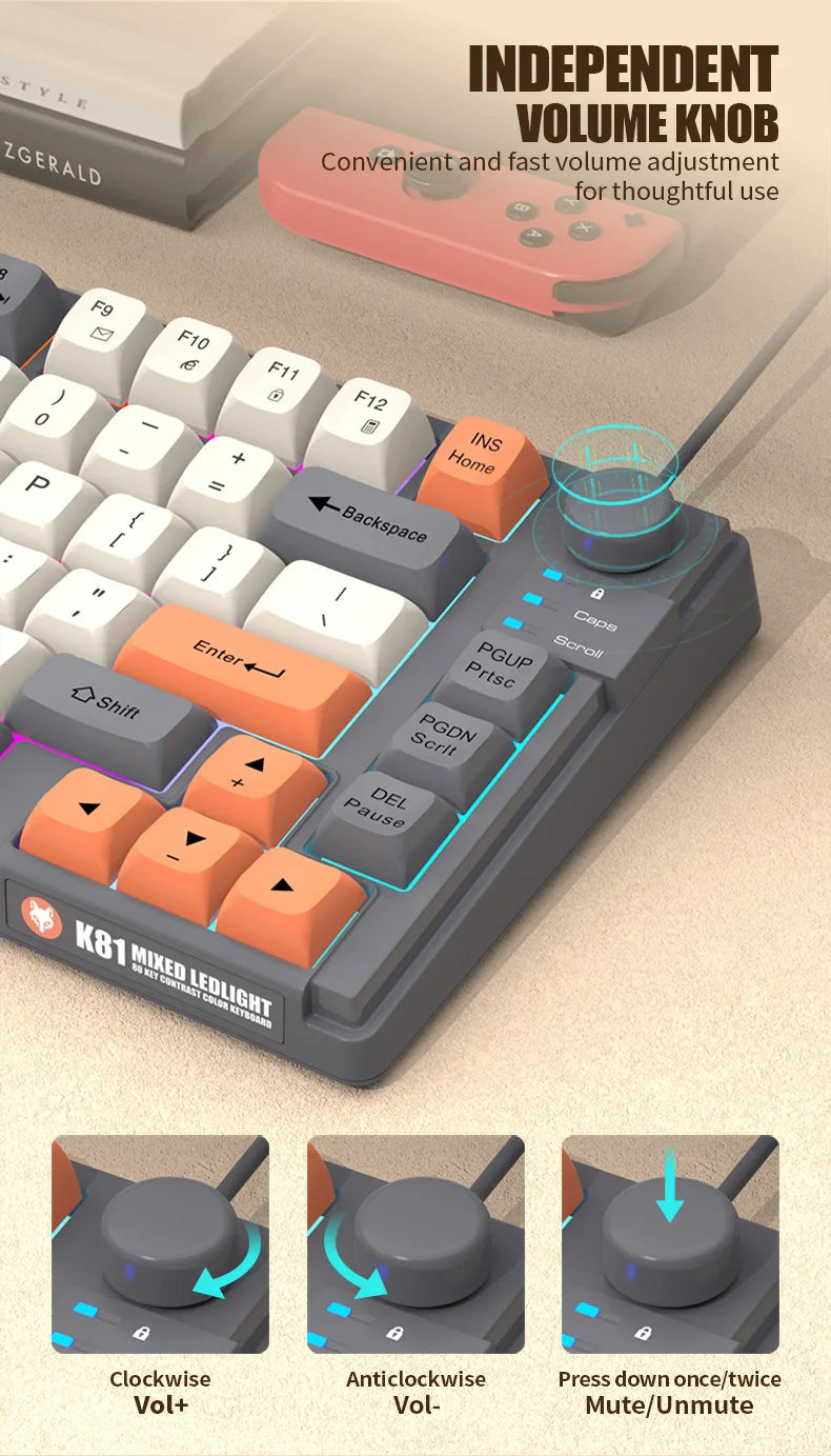 K81 Gaming Keyboard 81-Key 80% Wired RGB Gaming Keyboard with Volume Knob, Ergonomic USB Gaming Keyboard for PC, Laptop, Mac & Multi-Language Layouts