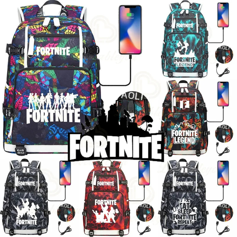 Yule Trooper F-Fortnited Battle Royale Backpack with USB Charging Anime Figures Study Stationery Compartment Students Mochila