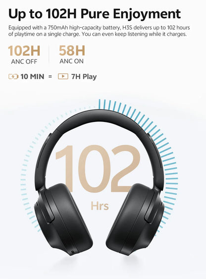 QCY H3S -56dB Adaptive ANC Over Ear Bluetooth 6.0 Headphones – Hi-Res LDAC Wireless Headset, 102H Battery, Dual Driver Spatial Sound