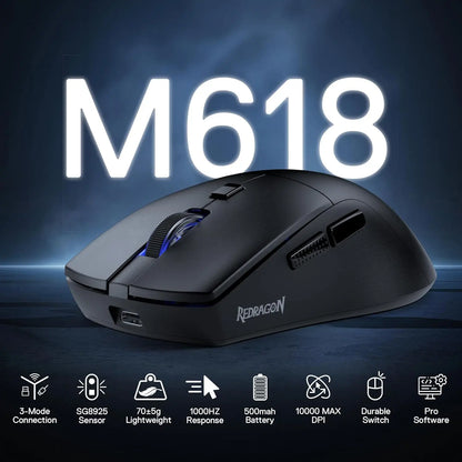 Redragon M618 LIT Wireless Gaming Mouse, 10000 DPI Ergonomic Wireless Gaming Mouse with Bluetooth, 2.4GHz, 6 Programmable Buttons