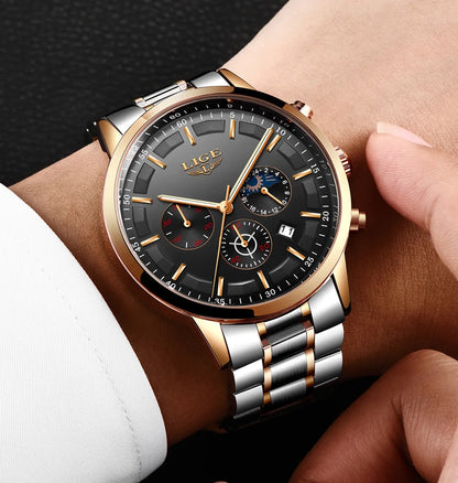 LIGE herenhorloge – Luxe quartz-chronograaf, waterdicht (3 bar), met lichtgevende wijzers – Cadeautip (inclusief doos)