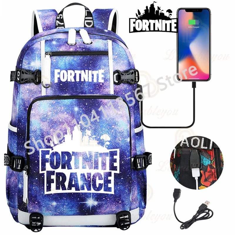 Yule Trooper F-Fortnited Battle Royale Backpack with USB Charging Anime Figures Study Stationery Compartment Students Mochila