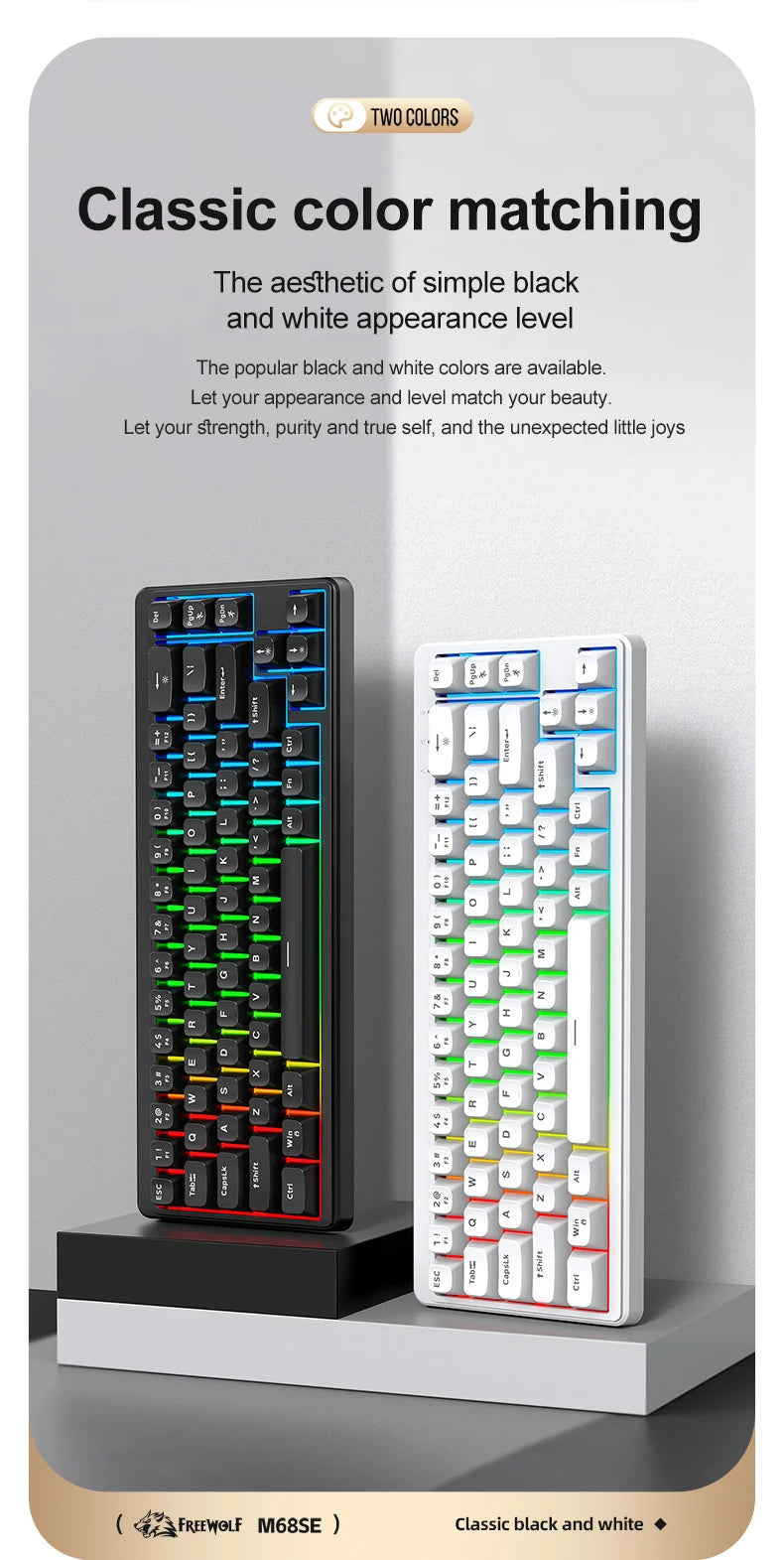 FREEWOLF M68SE 68% Mini Wired Keyboard RGB Backlit Silent Mechanical Feel Type-C Detachable Cable for PC Mac