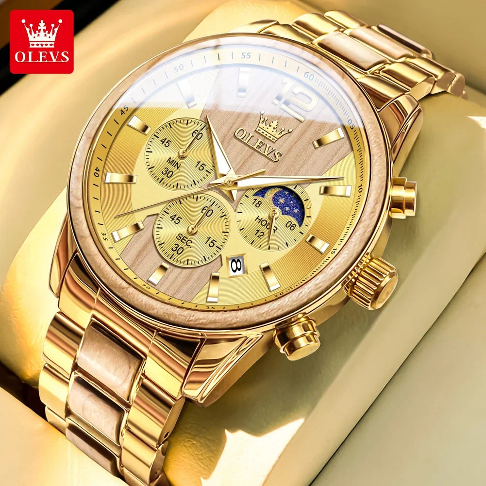 Pánské dřevěné hodinky OLEVS 3645, luxusní, s nočním osvětlením, multifunkčním chronografem, quartzové, v retro stylu, módní sportovní hodinky.