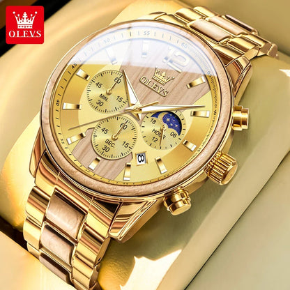 Pánské dřevěné hodinky OLEVS 3645, luxusní, s nočním osvětlením, multifunkčním chronografem, quartzové, v retro stylu, módní sportovní hodinky.