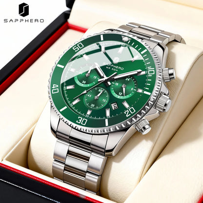 SAPPHERO Men’s Quartz Watch Luxury Chronograph Sport Wristwatch Stainless Steel Waterproof 50M Date Luminous Business Watch