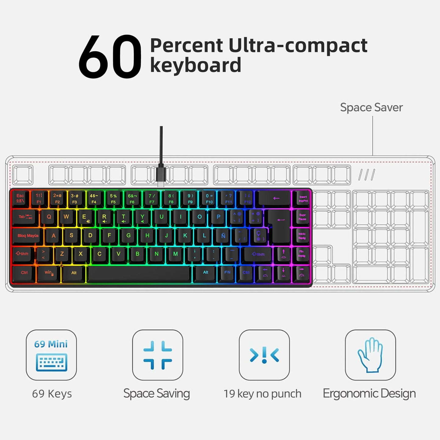 Promoção imperdível! Teclado gaming com fios espanhol de 69 teclas, retroiluminação RGB e design compacto 68%, um acessório indispensável para profissionais de escritório e gamers