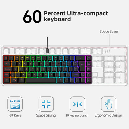 Promoção imperdível! Teclado gaming com fios espanhol de 69 teclas, retroiluminação RGB e design compacto 68%, um acessório indispensável para profissionais de escritório e gamers