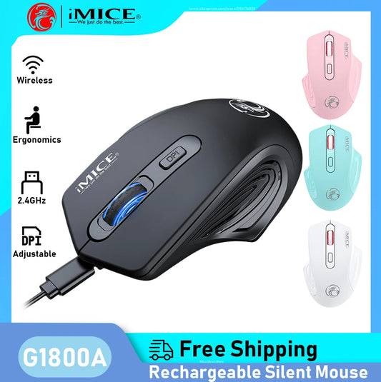 iMice Silent Rechargeable Wireless Mouse 2.4GHz, 1600 DPI Adjustable Wireless Mouse for PC, Laptop & Office, Quiet Click Ergonomic Computer Mouse