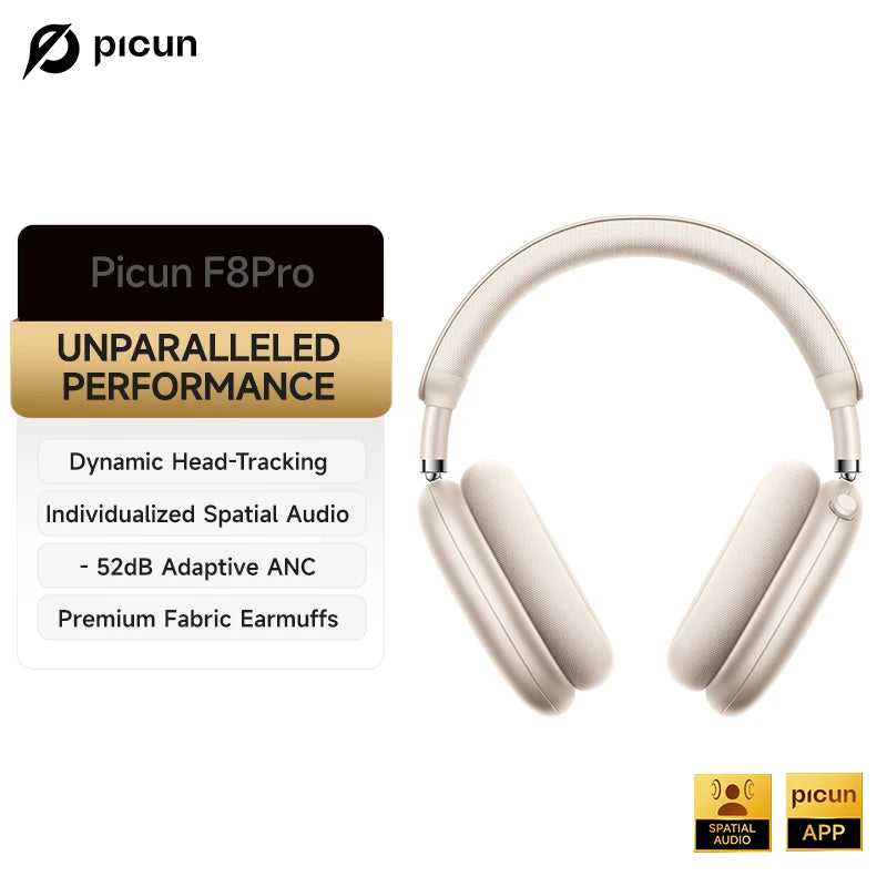 Picun F8 Pro ANC Wireless Headphones with 3D Spatial Audio, Bluetooth 5.4 Head Tracking, -52dB Noise Cancelling, HiFi Gaming Headset