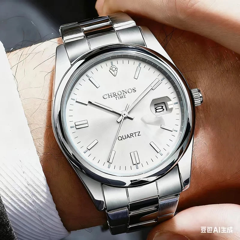 Montre-bracelet pour homme CHRONOS – Marque de luxe, étanche, lumineuse, avec affichage de la date, en acier inoxydable, à mouvement à quartz.