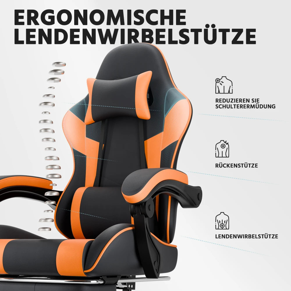 Ergonomic Gaming Chair with Lumbar Support, Adjustable Office Chair, Breathable PU Leather Computer Chair with Footrest & Reclining Backrest