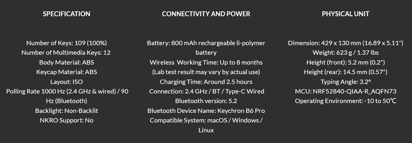 Teclado sem fios ultrafino Keychron B6 Pro com layout ISO, tamanho completo, portátil e leve, ligações 2.4GHz e Bluetooth