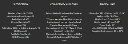 Teclado sem fios ultrafino Keychron B6 Pro com layout ISO, tamanho completo, portátil e leve, ligações 2.4GHz e Bluetooth