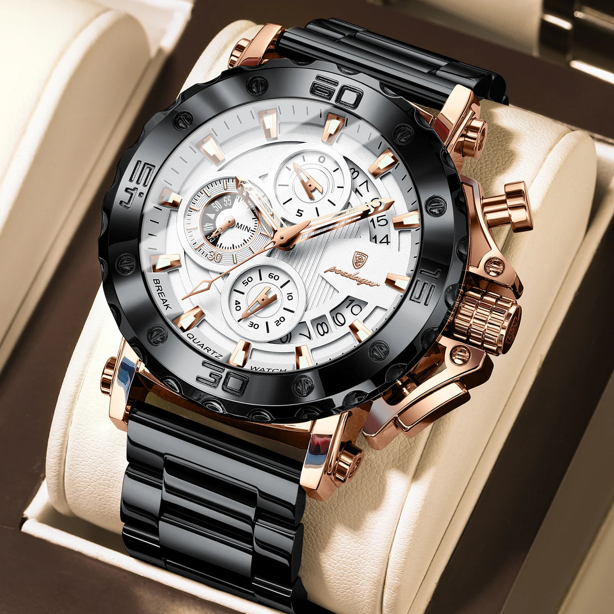 POEDAGAR Herren-Luxusuhr, leuchtend, wasserdicht, Chronograph, Datumsanzeige, Edelstahl, Quarz, Reloj