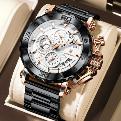 POEDAGAR Herren-Luxusuhr, leuchtend, wasserdicht, Chronograph, Datumsanzeige, Edelstahl, Quarz, Reloj