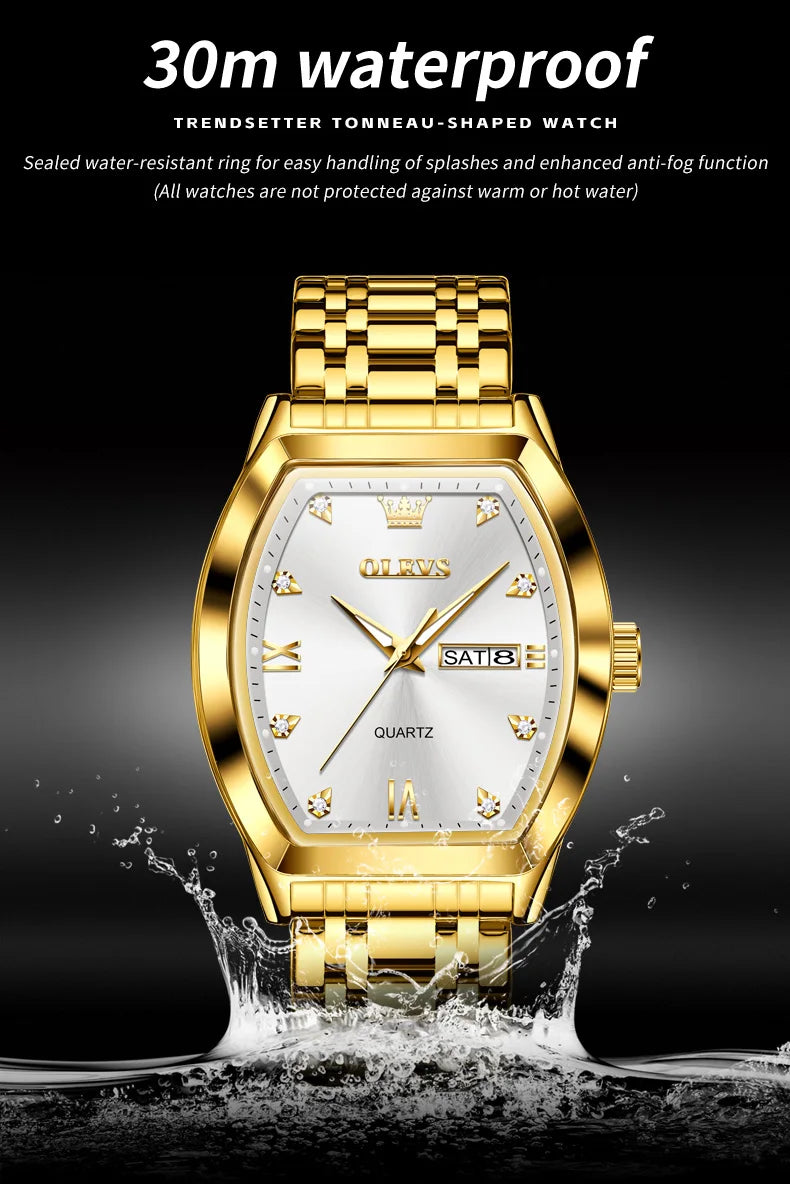 OLEVS New Men's Watches Quartz Luxury Gold Watch Classics Tonneau Dial Top Brand Waterproof Luminous Quartz Watch for Men 5528