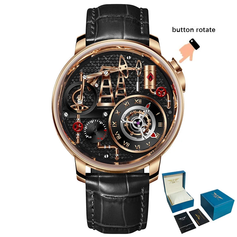 Orologio da uomo PINDU NEW TOP al quarzo con pulsante pompa olio, stile business, 45.5MM, vetro zaffiro, impermeabile, cinturino in pelle
