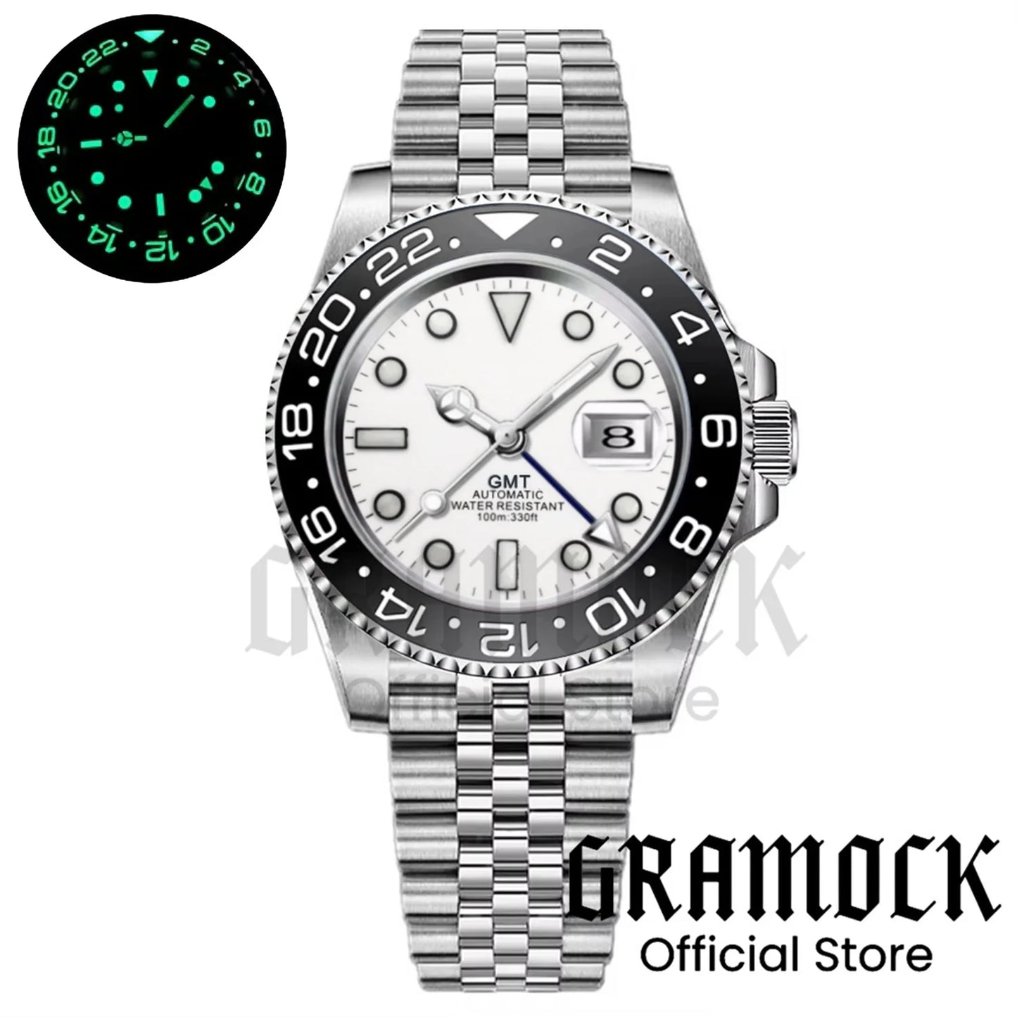 Gramock White Dial Blue GMT 40MM Watch For Men Roating Bezel Sapphire Glass Waterproof Reloj Hombre NH34A Mechanical Wristwatch