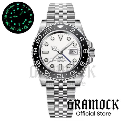 Gramock White Dial Blue GMT 40MM Watch For Men Roating Bezel Sapphire Glass Waterproof Reloj Hombre NH34A Mechanical Wristwatch