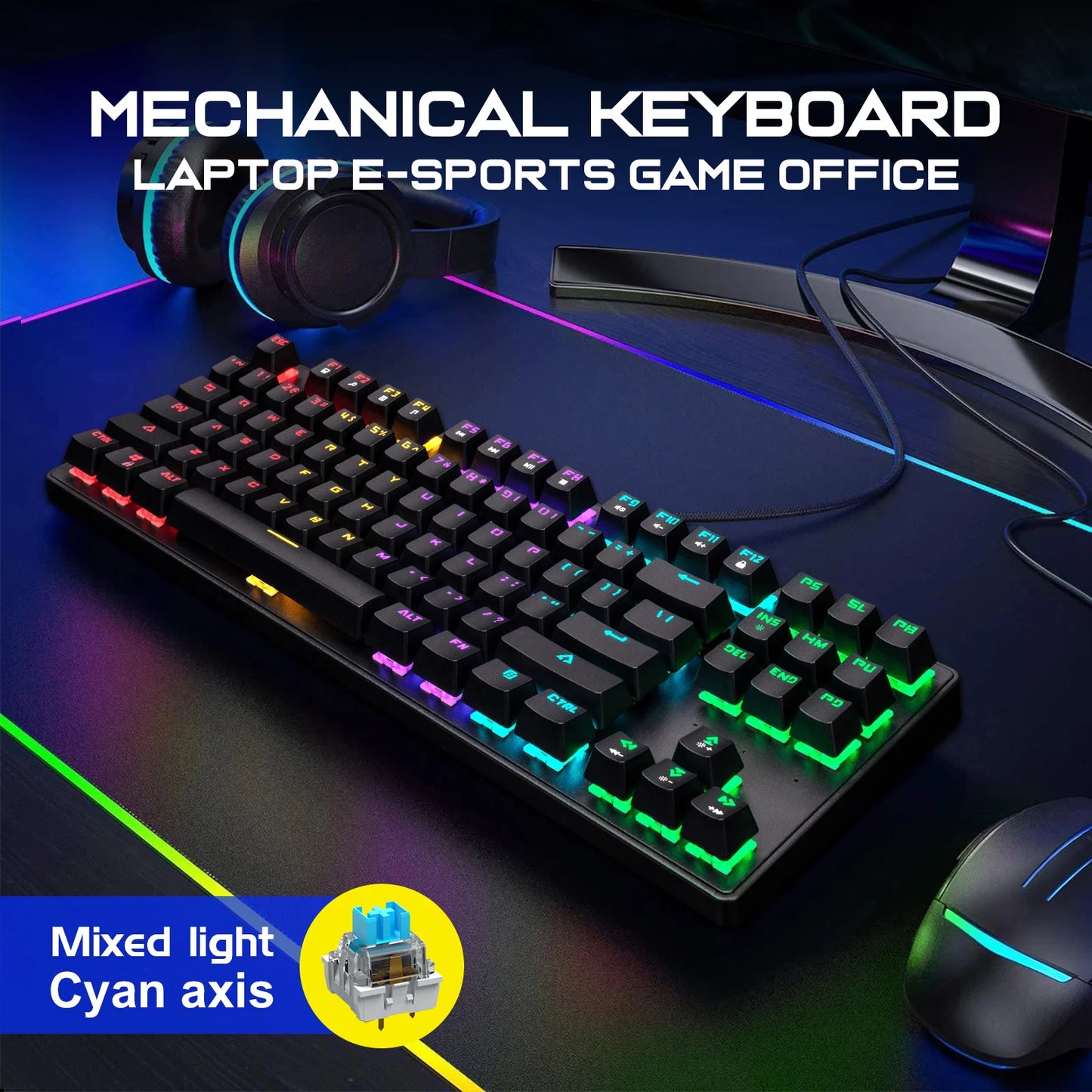 Computer Keyboard Waterproof Portable Gaming Keyboard Backlit Ergonomics Colorful Keyboard Computer Accessories 87 Keys Usb