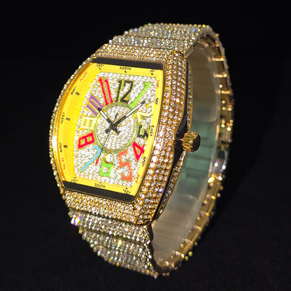 Men's Luxury Barrel-Shaped Quartz Watch With Black Iced Diamond Rainbow Number Dial Luminous Hands Watches For Man Dropshipping
