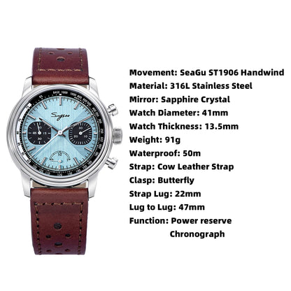 Sugess Watch of Men Pilot 1963 Wristwatches ST1906 Chronograph Handwind Movement Domed Sapphire Waterproof PowerReserve Lume V2